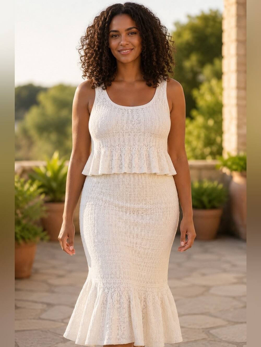 Joie Ivory Crochet Knit 2-Piece Set Peplum Top & Flare Skirt 2XL